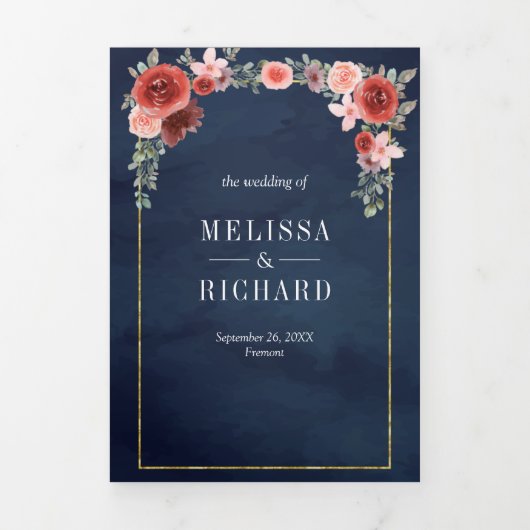 赤面ピンクとブルゴーニュフローラネイビーブルー結婚ズ 三つ折り招待状 (カバー)