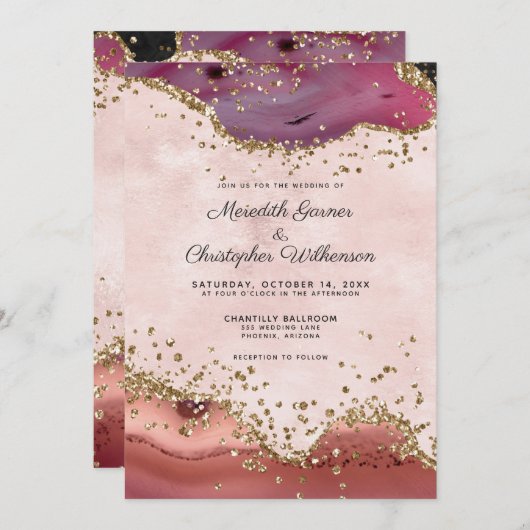 赤面ピンクとブルゴーニュ結婚アゲート 招待状 (正面/裏面)