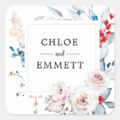 赤面ピンクとブルーのフローラ結婚式の引き出物 スクエアシール (正面)