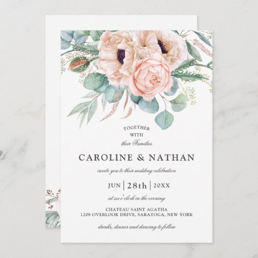 赤面ピンクとベージュの水の色のフローラ 招待状 (正面/裏面)