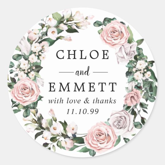 赤面ピンクとラベンダーバラリース結婚式の引き出物 ラウンドシール (正面)