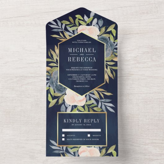 赤面ピンクと埃っぽいネイビーブルーフローラ オールインワン招待状 (内側)