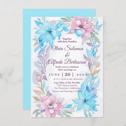 赤面ピンクと海ブルーウォーター色フローラ招待状 招待状 (正面/裏面)