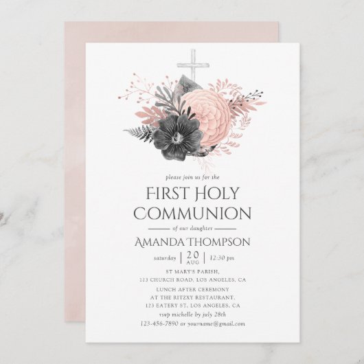 赤面ピンクと炭のフローラ聖餐会 招待状 (正面/裏面)
