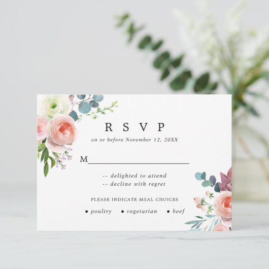 赤面ピンクと白のフローラ結婚の応答カード 出欠カード (スタンド正面)