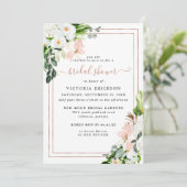 赤面ピンクと白の熱帯フローラブライダルシャワー 招待状 (スタンド正面)