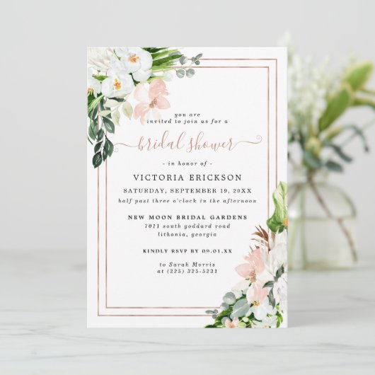 赤面ピンクと白の熱帯フローラブライダルシャワー 招待状 (スタンド正面)