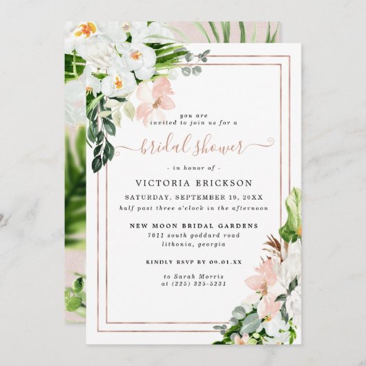 赤面ピンクと白の熱帯フローラブライダルシャワー 招待状 (正面/裏面)