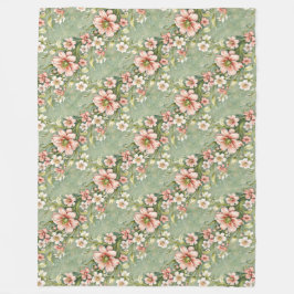 赤面ピンクと白の花をセージに フリースブランケット