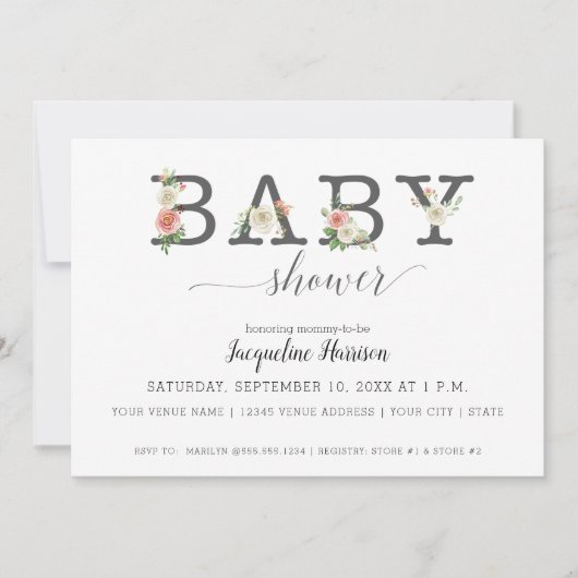 赤面ピンクと白の花模様 | 女の子の赤ちゃんシャワー 招待状 (正面)