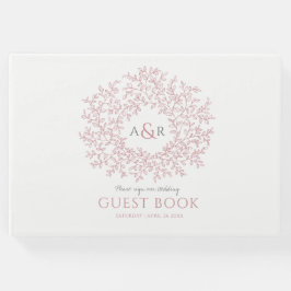 赤面ピンクと白の葉モノグラム結婚アート ゲストブック