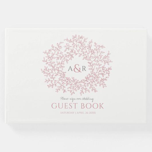 赤面ピンクと白の葉モノグラム結婚アート ゲストブック (正面)