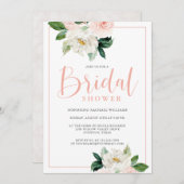 赤面ピンクと白フェミニンフローラブライダルシャワー 招待状 (正面/裏面)