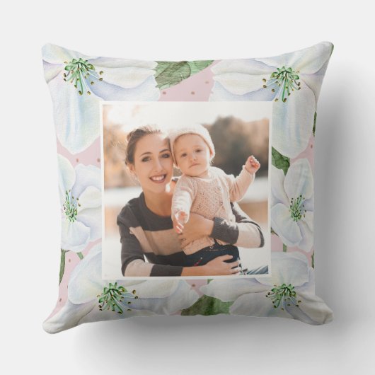 赤面ピンクと白フローラとドット写真 クッション (裏面)