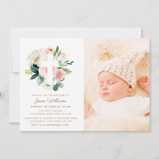 赤面ピンクと白花模様バプテスマ写真 招待状 (正面)