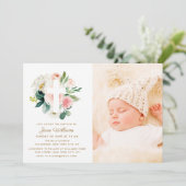 赤面ピンクと白花模様バプテスマ写真 招待状 (スタンド正面)