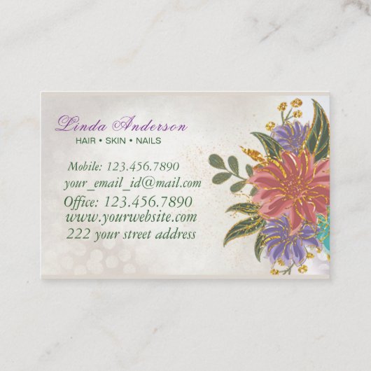 赤面ピンクと紫と金ゴールド水彩フローラ 名刺 (裏面)