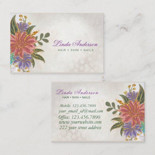 赤面ピンクと紫と金ゴールド水彩フローラ 名刺 (正面/裏面)