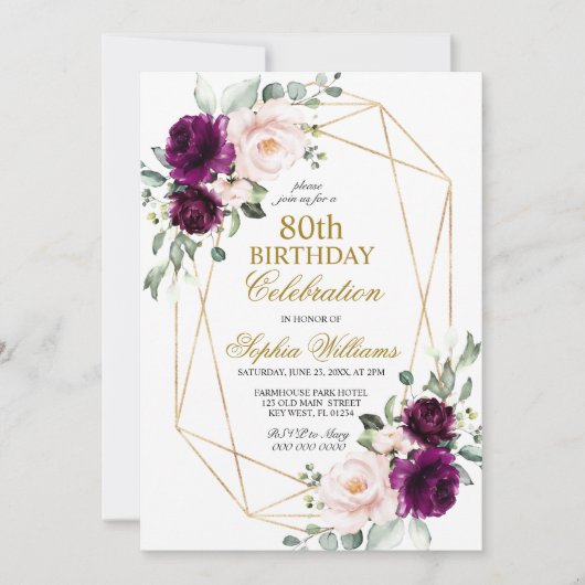 赤面ピンクと紫のバラ誕生日任意の年齢 招待状 (正面)