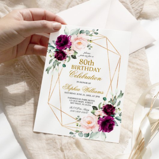 赤面ピンクと紫のバラ誕生日任意の年齢 招待状