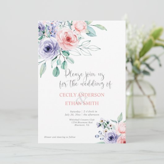 赤面ピンクと紫の水色の花結婚の 招待状 (スタンド正面)
