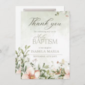 赤面ピンクと緑の花のバプテスマ写真 サンキューカード (正面/裏面)