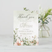 赤面ピンクと緑の花のバプテスマ写真 サンキューカード (スタンド正面)