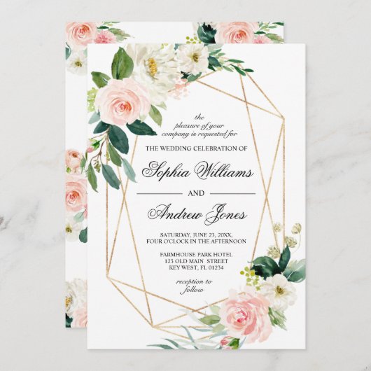 赤面ピンクと緑の離れ結婚式招待状 招待状 (正面/裏面)