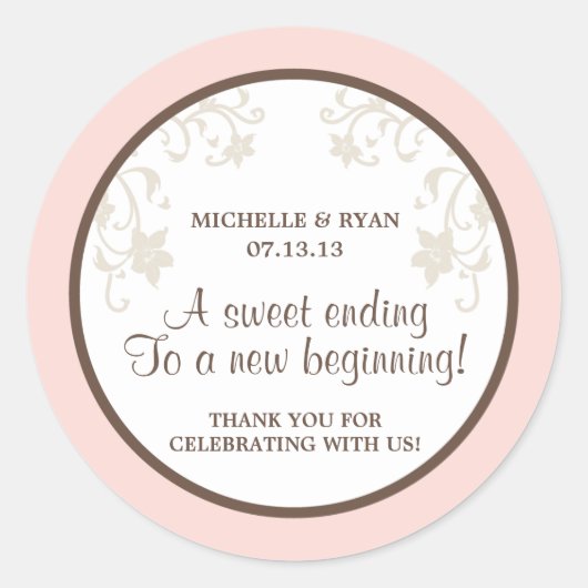 赤面ピンクと茶色の花愛は甘い ラウンドシール (正面)