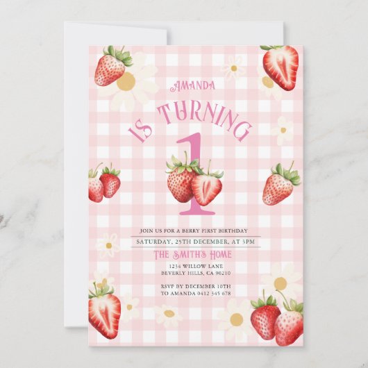 赤面ピンクと赤いちごデイジー誕生日 招待状 (正面)