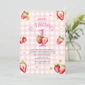 赤面ピンクと赤いちごデイジー誕生日 招待状 (スタンド正面)