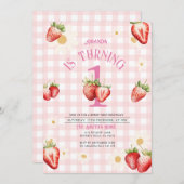 赤面ピンクと赤いちごデイジー誕生日 招待状 (正面/裏面)