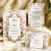 赤面ピンクと金ゴールドのフローラ結婚の詳細カード