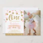 赤面ピンクと金ゴールドの最初の誕生日招待状 招待状 (正面)