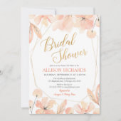 赤面ピンクと金ゴールドの植物性ブライダルシャワー 招待状 (正面)