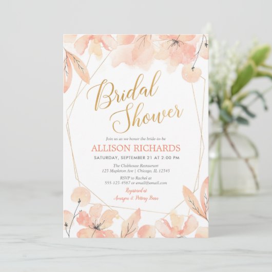 赤面ピンクと金ゴールドの植物性ブライダルシャワー 招待状 (スタンド正面)