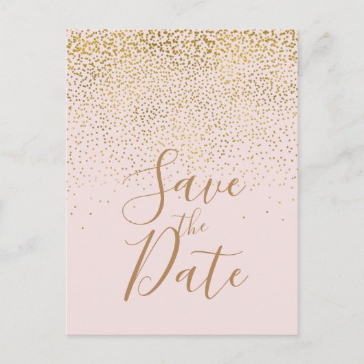 赤面ピンクと金ゴールドの紙吹雪モダン日付の保存 案内ポストカード (正面)