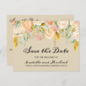 赤面ピンクと金ゴールドアクセントフローラ保存日付 案内ポストカード (正面/裏面)