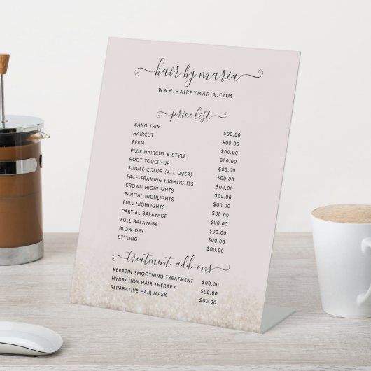 赤面ピンクと金ゴールドグリッターヘアサロン価格表 台座サイン (インサイチュ)