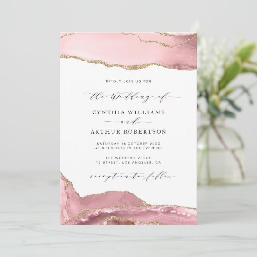 赤面ピンクと金ゴールドゲート結婚式招待状 招待状 (スタンド正面)