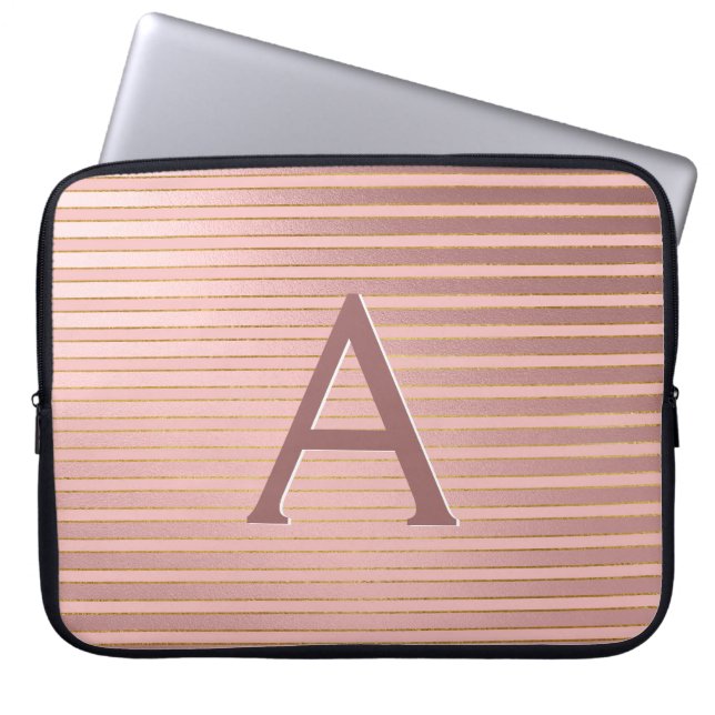 赤面ピンクと金ゴールドストライプモノグラムガーリー ラップトップスリーブ (正面)