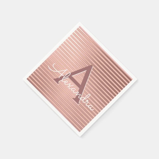 赤面ピンクと金ゴールドストライプモノグラム誕生日 スタンダードカクテルナプキン (角)