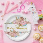 赤面ピンクと金ゴールドティール（緑がかった色）牡丹ベビーシャワー ペーパープレート (パーティー)