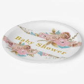 赤面ピンクと金ゴールドティール（緑がかった色）牡丹ベビーシャワー ペーパープレート (アングル)