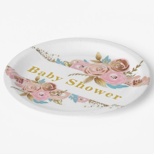 赤面ピンクと金ゴールドティール（緑がかった色）牡丹ベビーシャワー ペーパープレート (アングル)