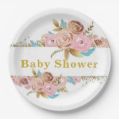 赤面ピンクと金ゴールドティール（緑がかった色）牡丹ベビーシャワー ペーパープレート (正面)