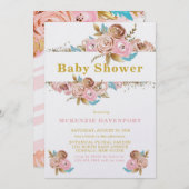 赤面ピンクと金ゴールドティール(緑がかった色)牡丹ベビーシャワー 招待状 (正面/裏面)