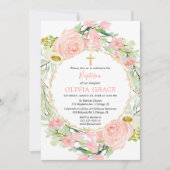 赤面ピンクと金ゴールドフローラの女の子のバプテスマ 招待状 (正面)