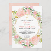 赤面ピンクと金ゴールドフローラの女の子のバプテスマ 招待状 (正面/裏面)