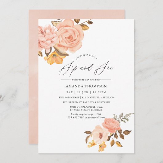 赤面ピンクと金ゴールドフローラのSIPと参照パーティー 招待状 (正面/裏面)